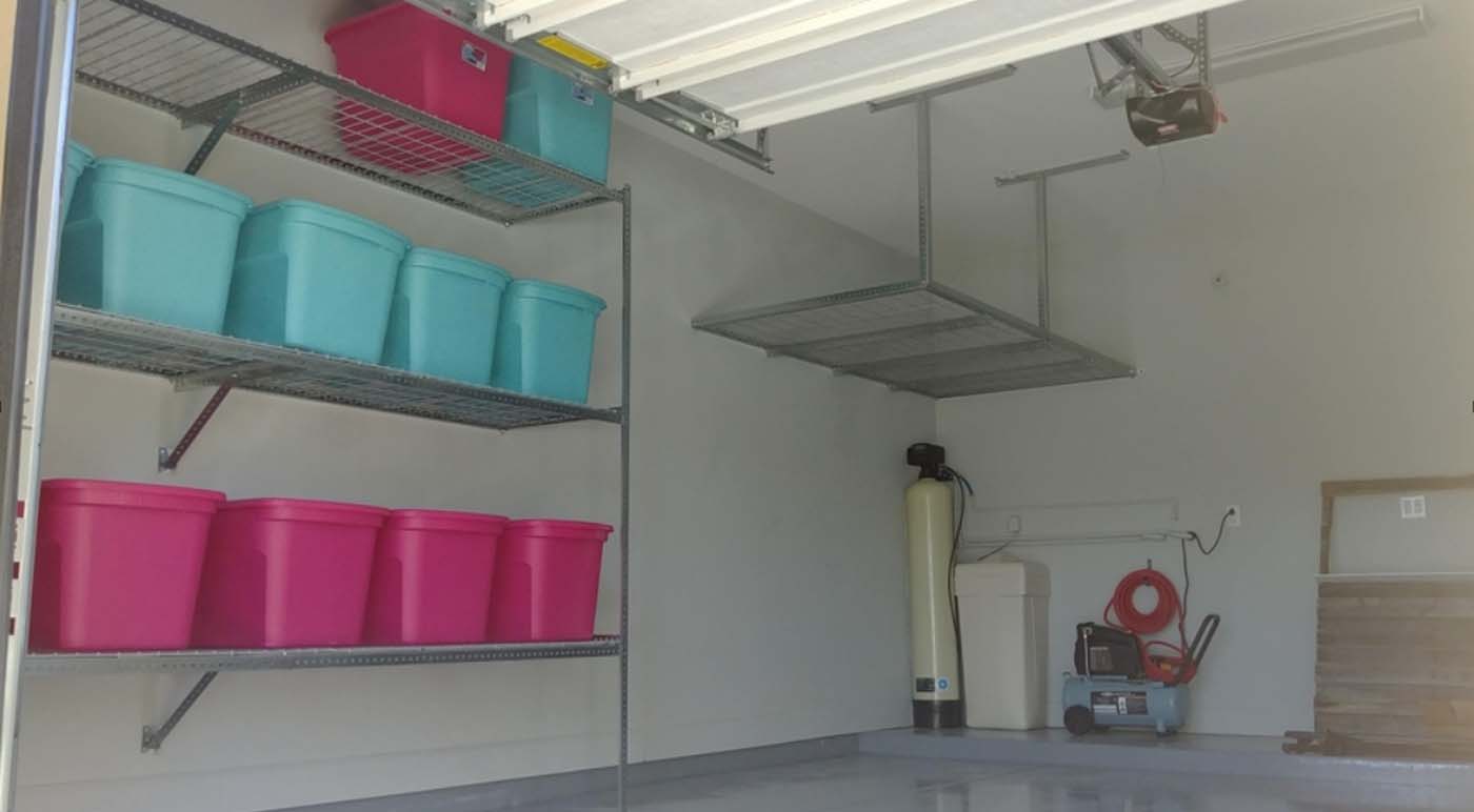 Totes stored on garage storage racks