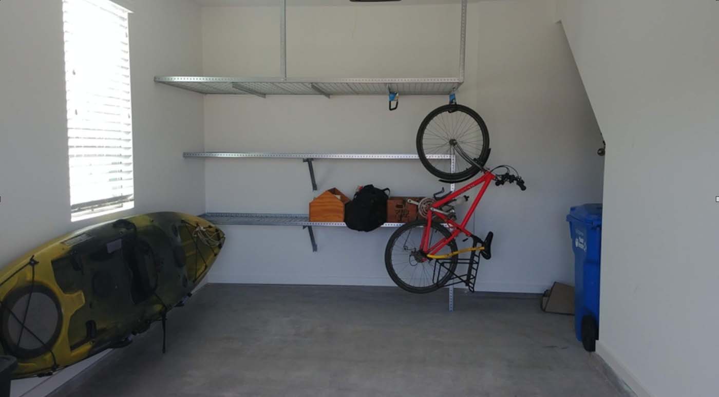 Garage storage shelves with bike rack