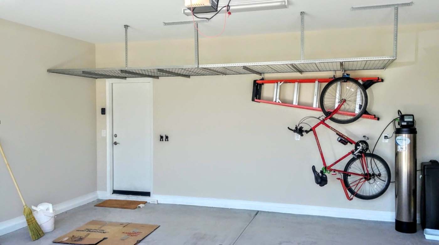 Overhead ceiling storage racks with bike and ladder hangers