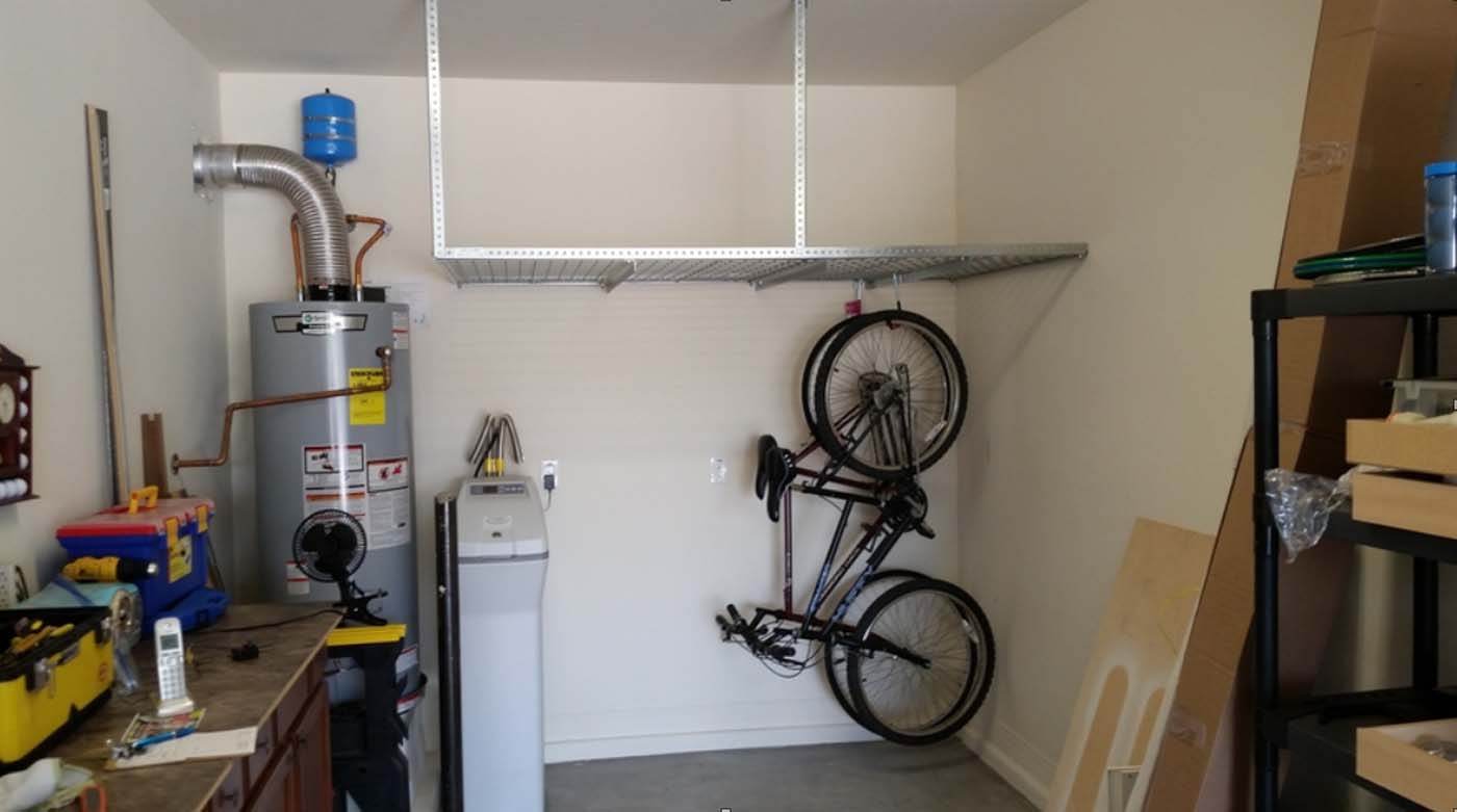 Garage ceiling rack with two bicycle hangers